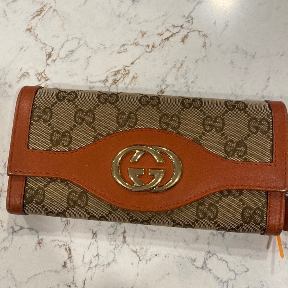 Gucci Brown and Tan Wallet with Gold Accents